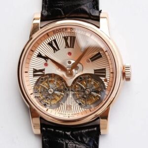 Replica Roger Dubuis Hommage RDDBHO0562 Double Flying tourbillon JB Factory Rose Gold Dial